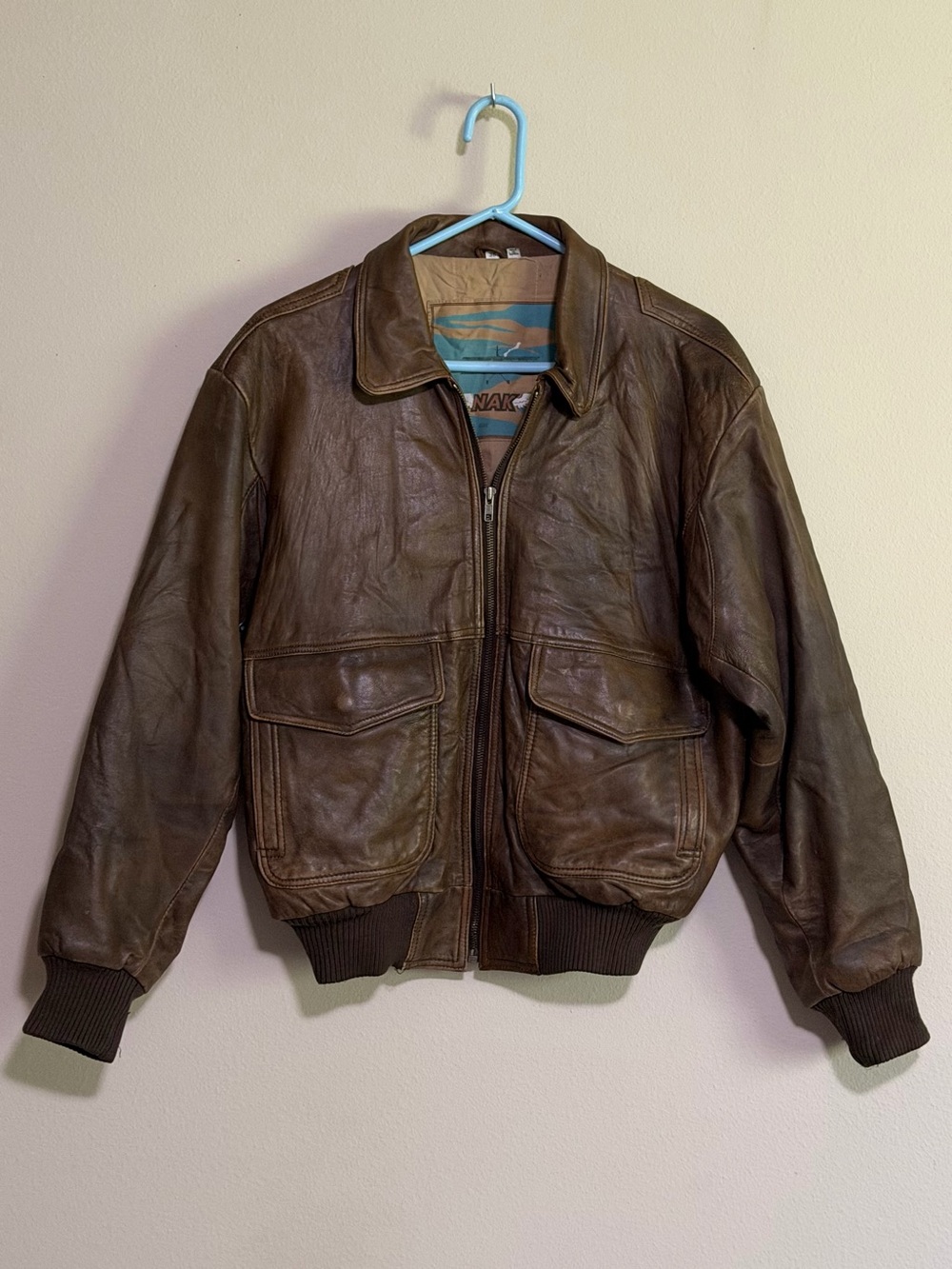 Vintage NAK Brown Leather Bomber Jacket with Ribbed Hem